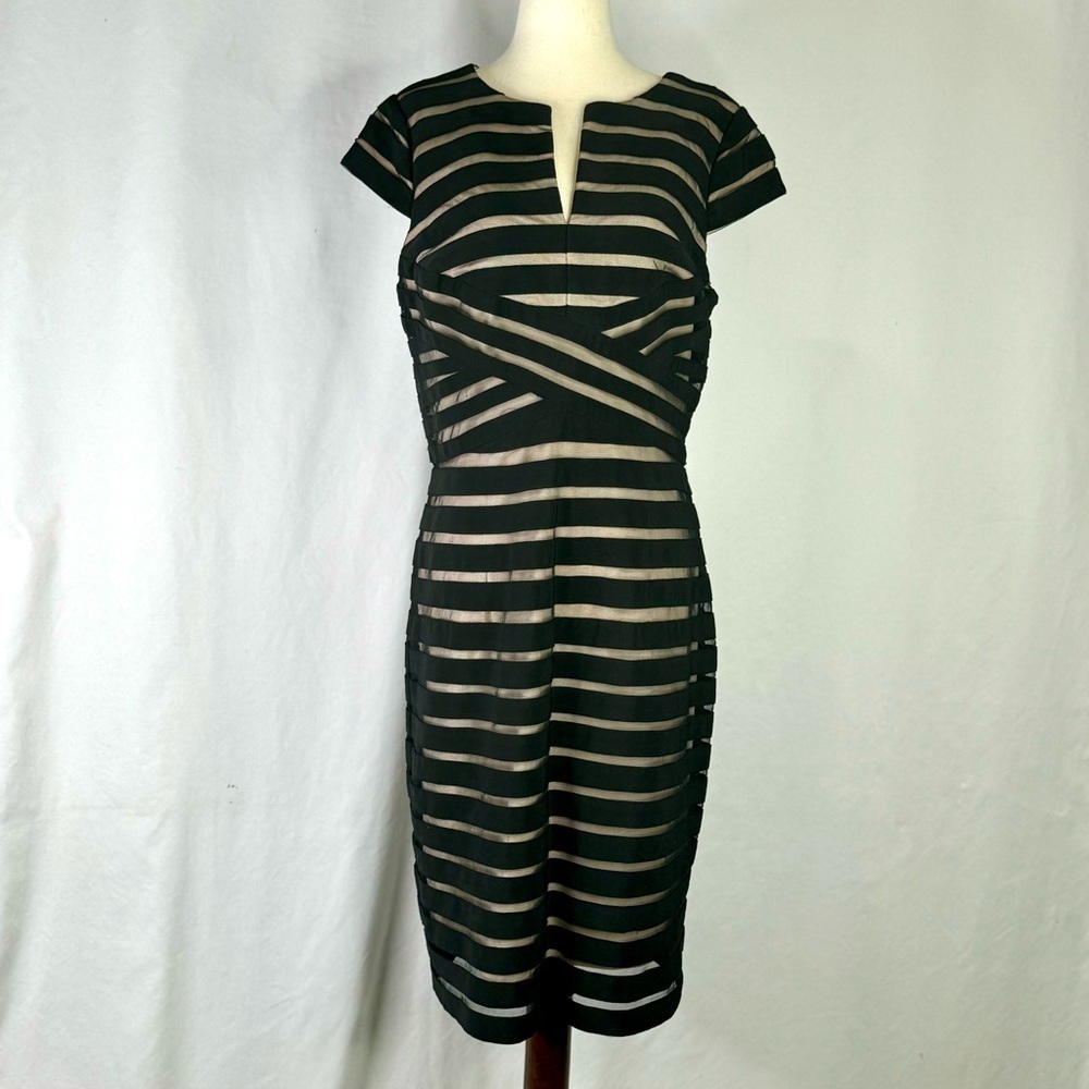 Adrianna Papell dress bodycon sheath black sheer netting lined cap sleeves 12